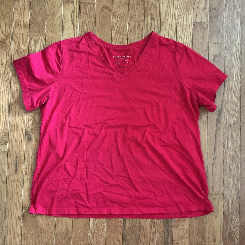 Susan Graver Size 1X‎ Modern Essentials Short Sleeve Red V-Neck Top/Shirt